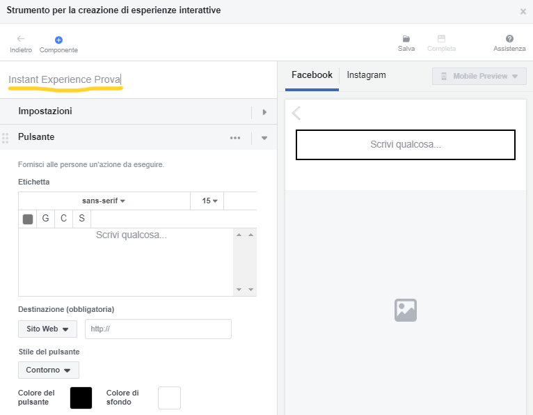 personalizzare la Instant experience