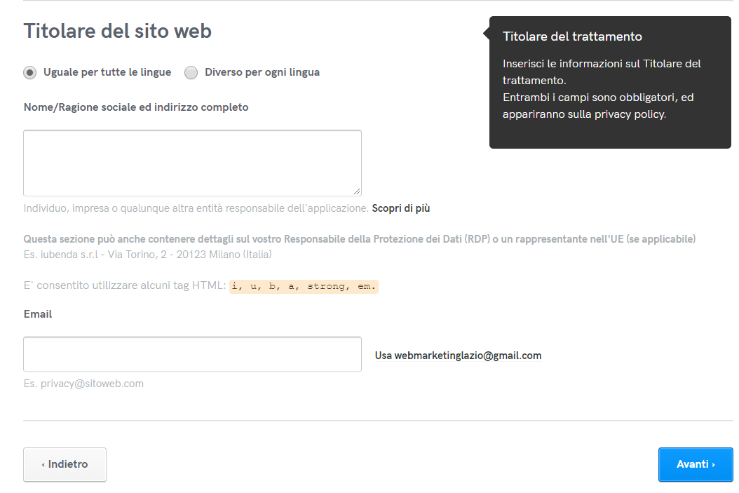 servizi privacy e cookie policy Iubenda su wordpress